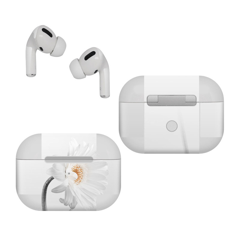 Apple AirPods Pro Skin design of White, Hair accessory, Headpiece, Gerbera, Petal, Flower, Plant, Still life photography, Headband, Fashion accessory, with white, gray colors