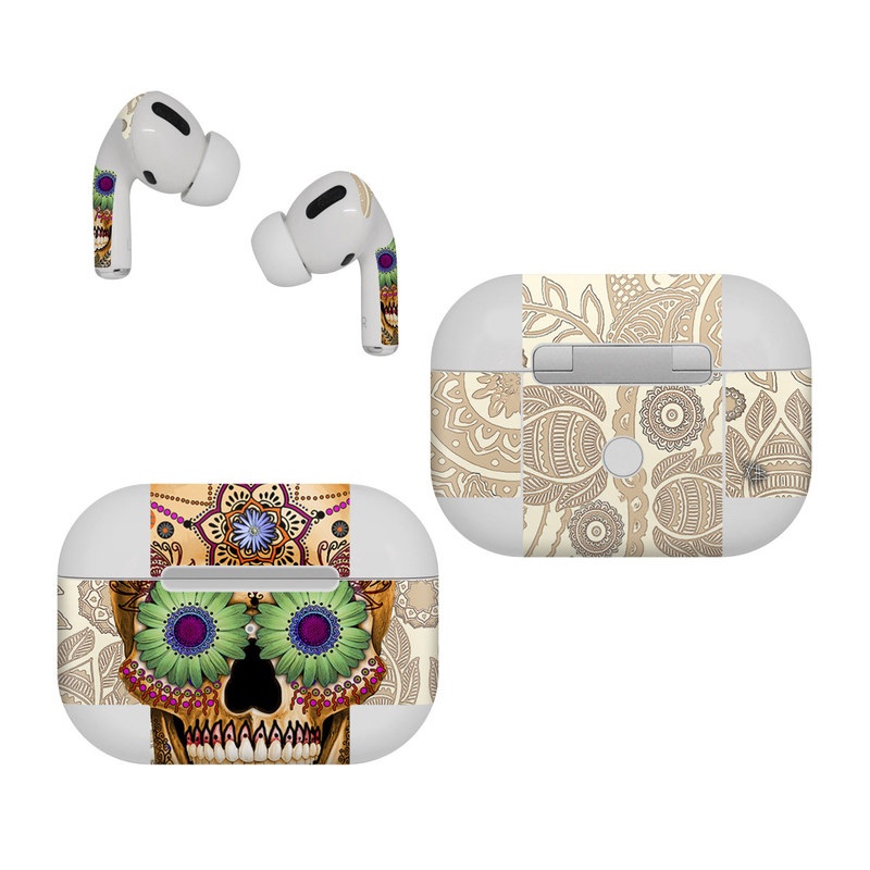 Apple AirPods Pro Skin design of Skull, Bone, Pattern, Design, Illustration, Visual arts, Fashion accessory, Art, with gray, yellow, green, black, red, pink colors