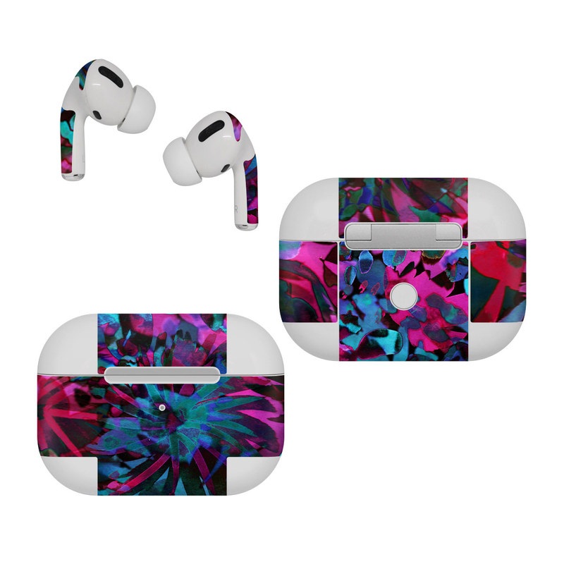 Apple AirPods Pro Skin design of Pink, Purple, Violet, Lilac, Flower, Leaf, Plant, Magenta, Botany, Pattern, with black, pink, purple, blue, green colors