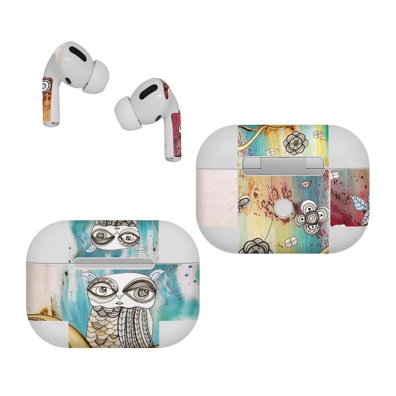 Apple AirPods Pro Skin design of Owl, Pink, Illustration, Art, Visual arts, Watercolor paint, Organism, Modern art, Graphic design, Pattern, with gray, red, green, black, blue, purple colors