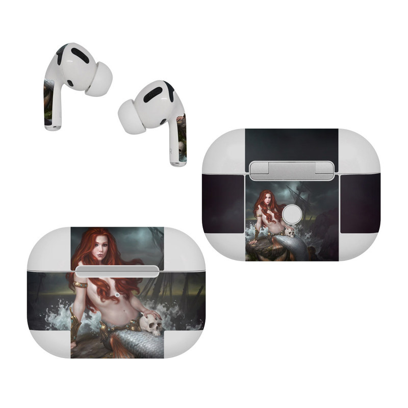 Apple AirPods Pro Skin design of Mermaid, Cg artwork, Illustration, Fictional character, Mythology, Mythical creature, Art, Long hair, Woman warrior, Sitting, with black, brown, red, yellow, white, gray colors