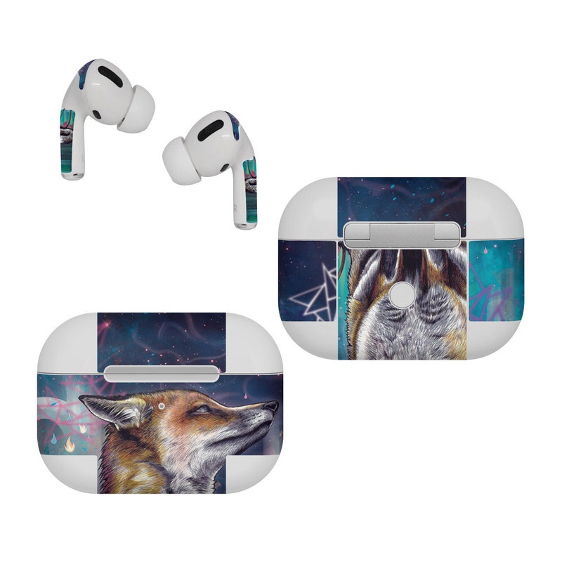 Apple AirPods Pro Skin design of Red fox, Art, Wildlife, Canidae, Illustration, Fox, Carnivore, Painting, Dhole, Red wolf, with black, gray, blue, red, green colors
