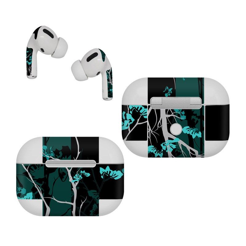 Apple AirPods Pro Skin design of Branch, Black, Blue, Green, Turquoise, Teal, Tree, Plant, Graphic design, Twig, with black, blue, gray colors
