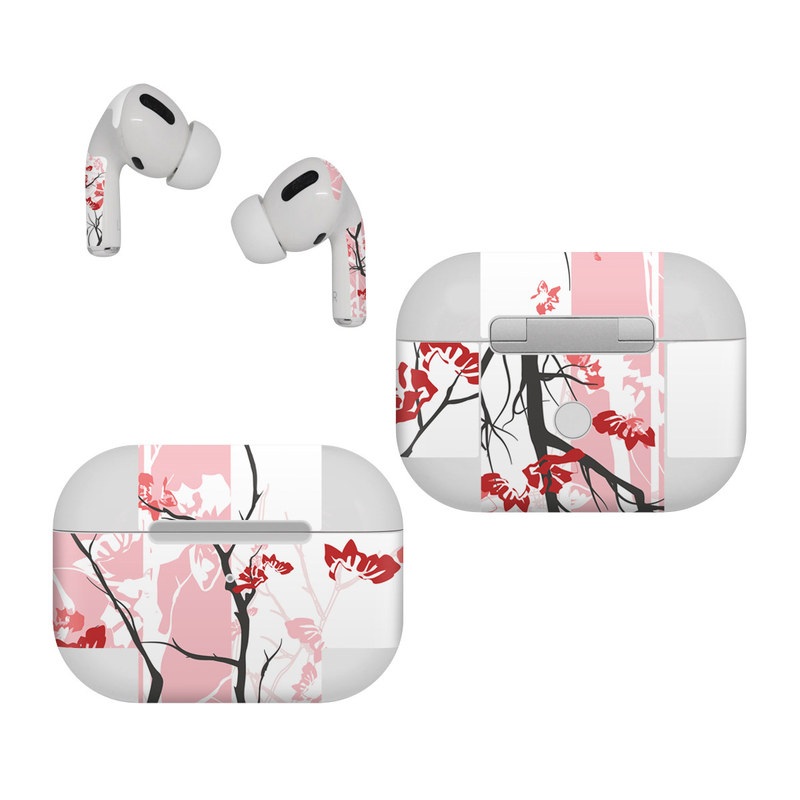Apple AirPods Pro Skin design of Branch, Red, Flower, Plant, Tree, Twig, Blossom, Botany, Pink, Spring, with white, pink, gray, red, black colors