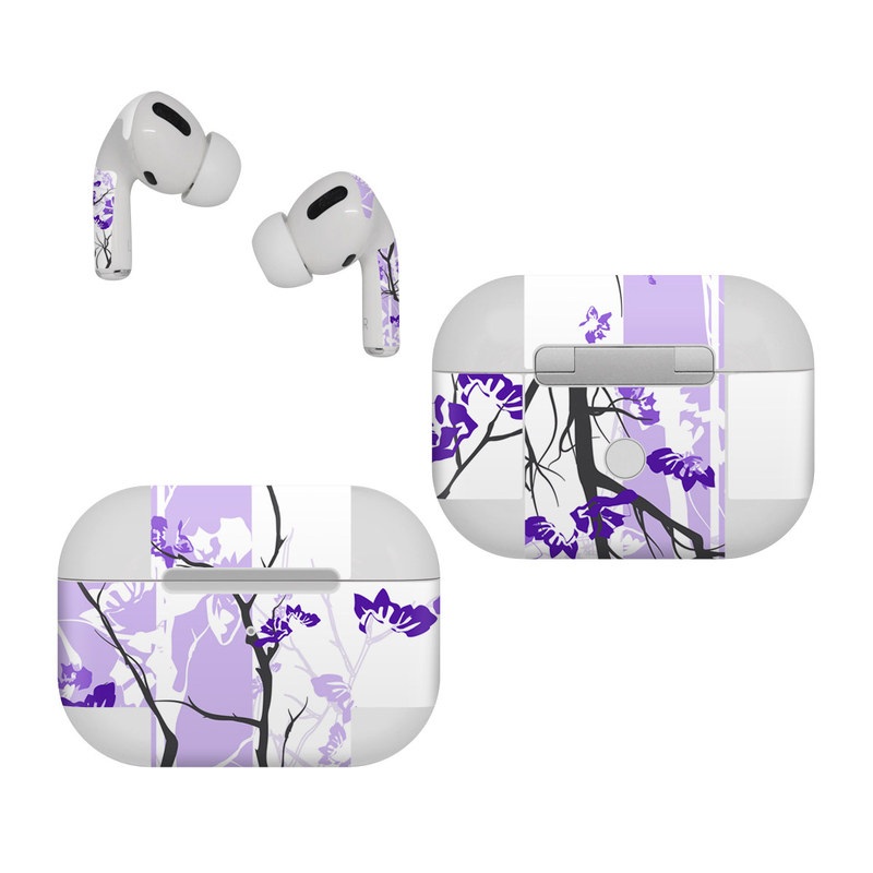 Apple AirPods Pro Skin design of Branch, Purple, Violet, Lilac, Lavender, Plant, Twig, Flower, Tree, Wildflower, with white, purple, gray, pink, black colors