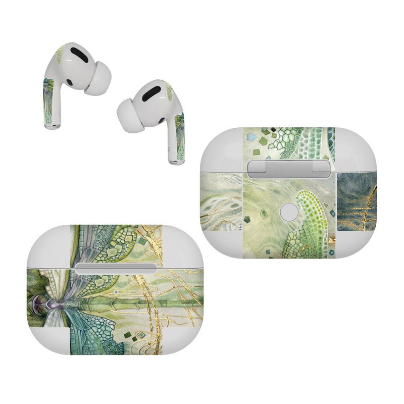 Apple AirPods Pro Skin design of Green, Painting, Watercolor paint, Water, Acrylic paint, Leaf, Visual arts, Plant, Art, Photography, with green, yellow, blue, gray colors