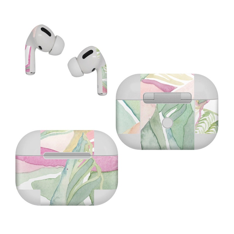 Apple AirPods Pro Skin design of Pink, Leaf, Botany, Pattern, Plant, Flower, Illustration, with white, green, pink, orange colors