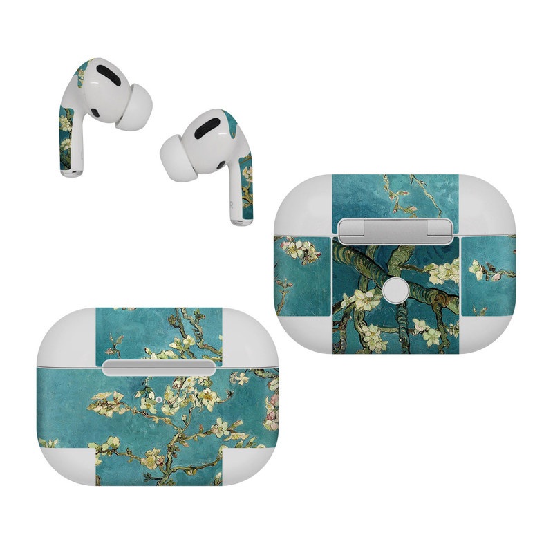 Apple AirPods Pro Skin design of Tree, Branch, Plant, Flower, Blossom, Spring, Woody plant, Perennial plant, with blue, black, gray, green colors