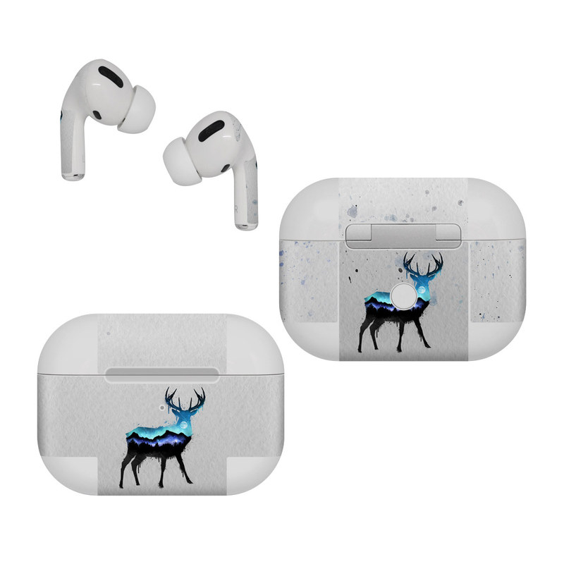 Apple AirPods Pro Skin design of Reindeer, Deer, Illustration, Watercolor paint, Art, Elk, Wildlife, Drawing, Paint, Graphics, with gray, black, blue, purple, white colors