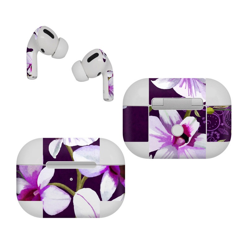 Apple AirPods Pro Skin design of Flower, Purple, Petal, Violet, Lilac, Plant, Flowering plant, cooktown orchid, Botany, Wildflower, with black, gray, white, purple, pink colors