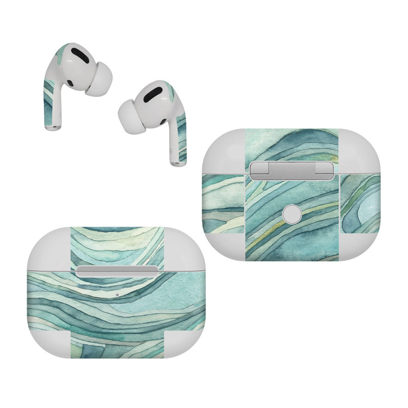Apple AirPods Pro Skin design of Aqua, Blue, Pattern, Turquoise, Teal, Water, Design, Line, Wave, Textile, with gray, blue colors