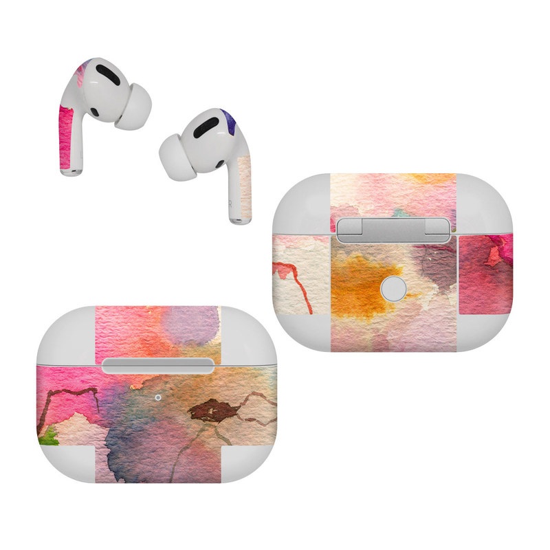 Apple AirPods Pro Skin design of Watercolor paint, Flower, Textile, Painting, Art, Plant, Pattern, Visual arts, Floral design, Paint, with white, pink, red, yellow, green, blue, black, orange colors