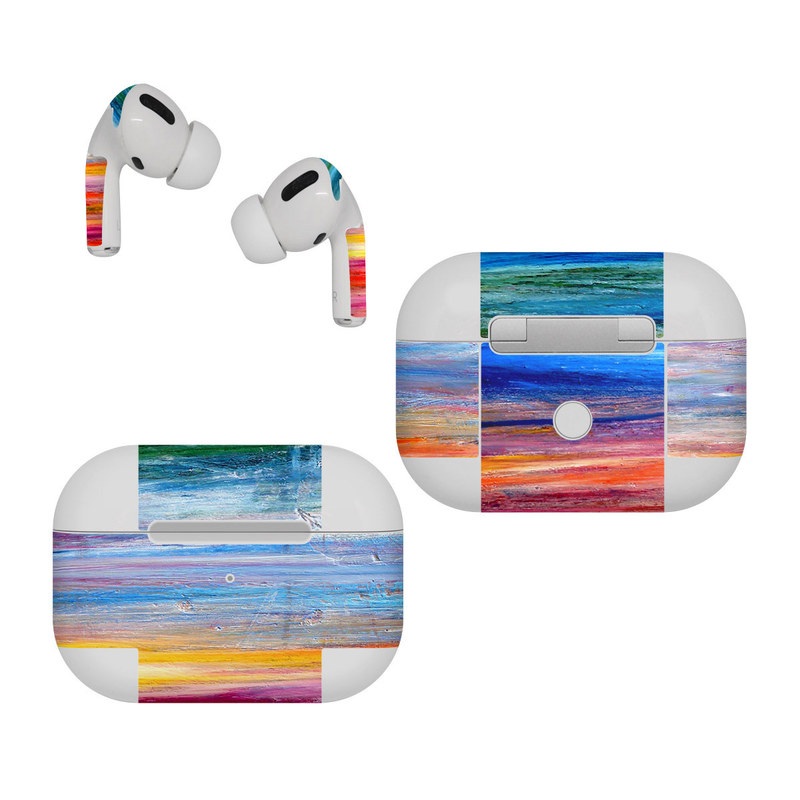 Apple AirPods Pro Skin design of Sky, Painting, Acrylic paint, Modern art, Watercolor paint, Art, Horizon, Paint, Visual arts, Wave, with gray, blue, red, black, pink colors