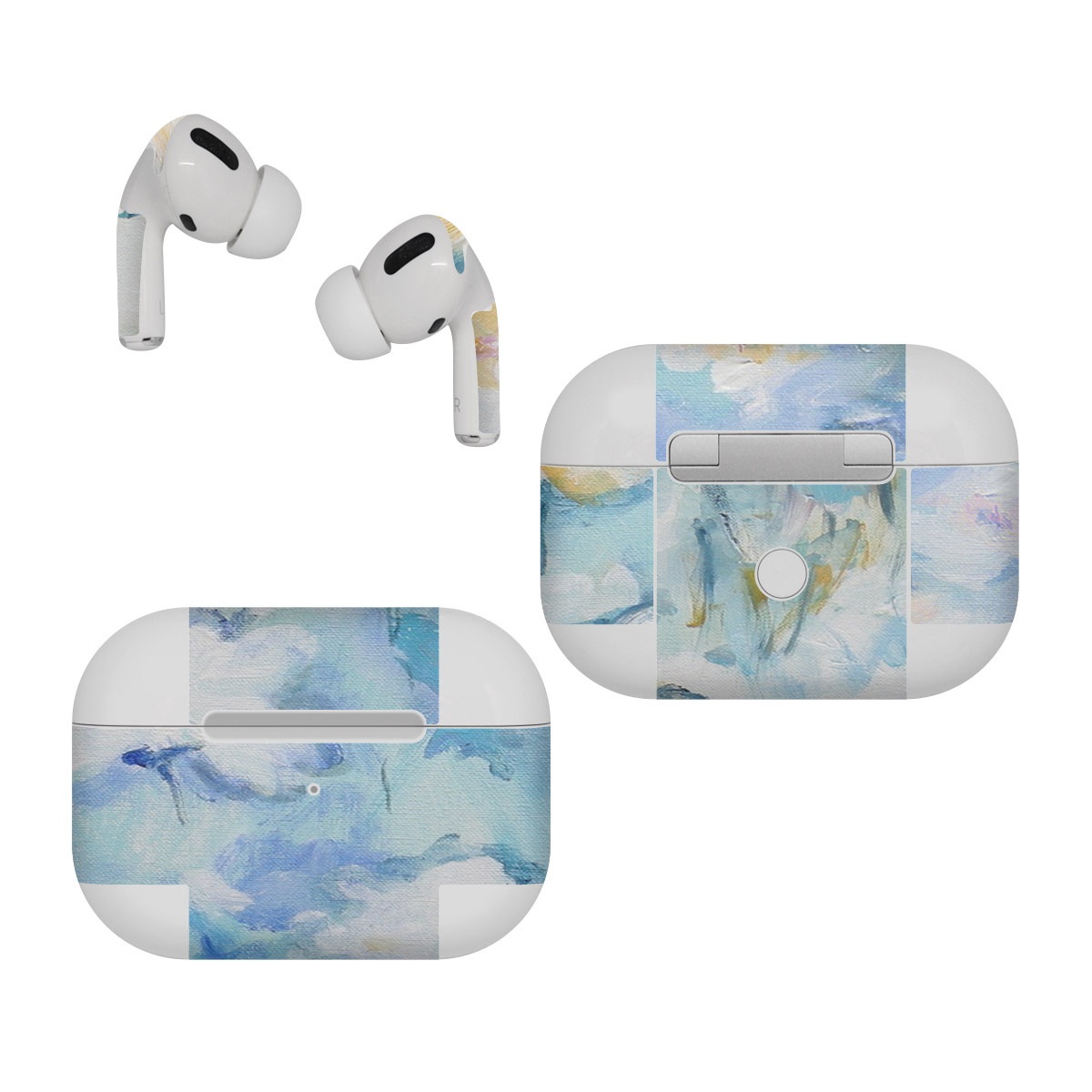 Apple AirPods Pro Skin design of Blue, Watercolor paint, Painting, Flower, Plant, Art, Acrylic paint, Wildflower, Visual arts, Floral design, with gray, blue colors