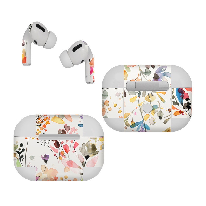 Apple AirPods Pro Skin design of Flower, Petal, Rectangle, Branch, Creative arts, Plant, Line, Art, Painting, Font, with white, pink, red, yellow, orange, green, blue, purple colors