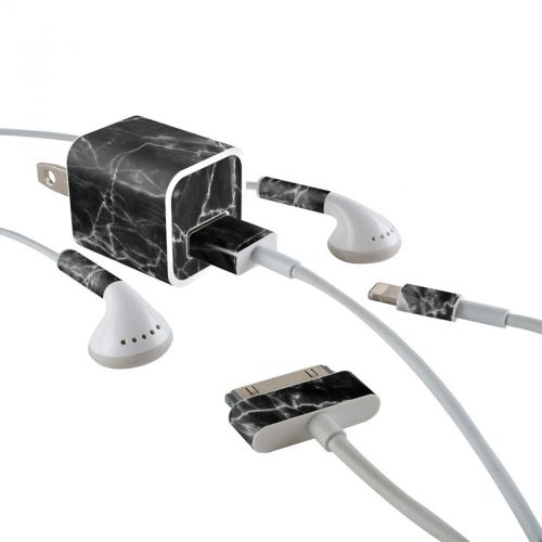 Black Marble iPhone Earphone, Power Adapter, Cable Skin