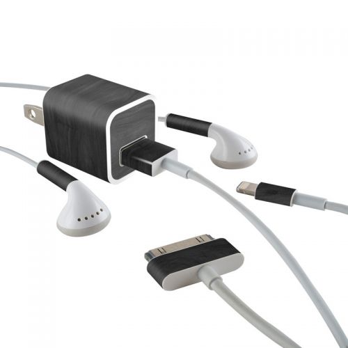 Black Woodgrain iPhone Earphone, Power Adapter, Cable Skin