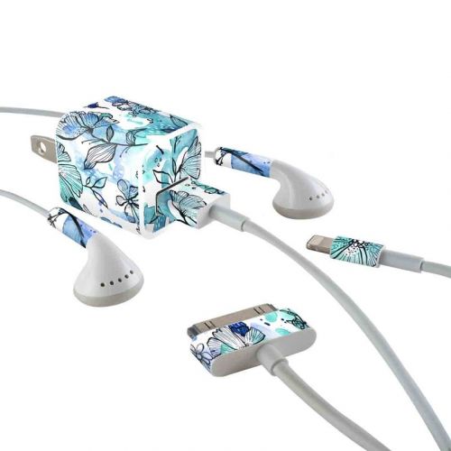 Blue Ink Floral iPhone Earphone, Power Adapter, Cable Skin