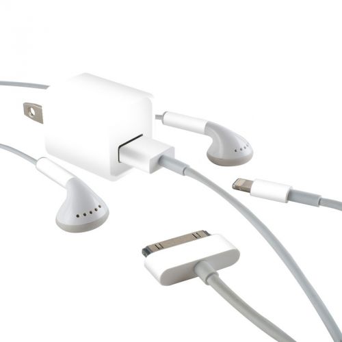 Solid State White iPhone Earphone, Power Adapter, Cable Skin