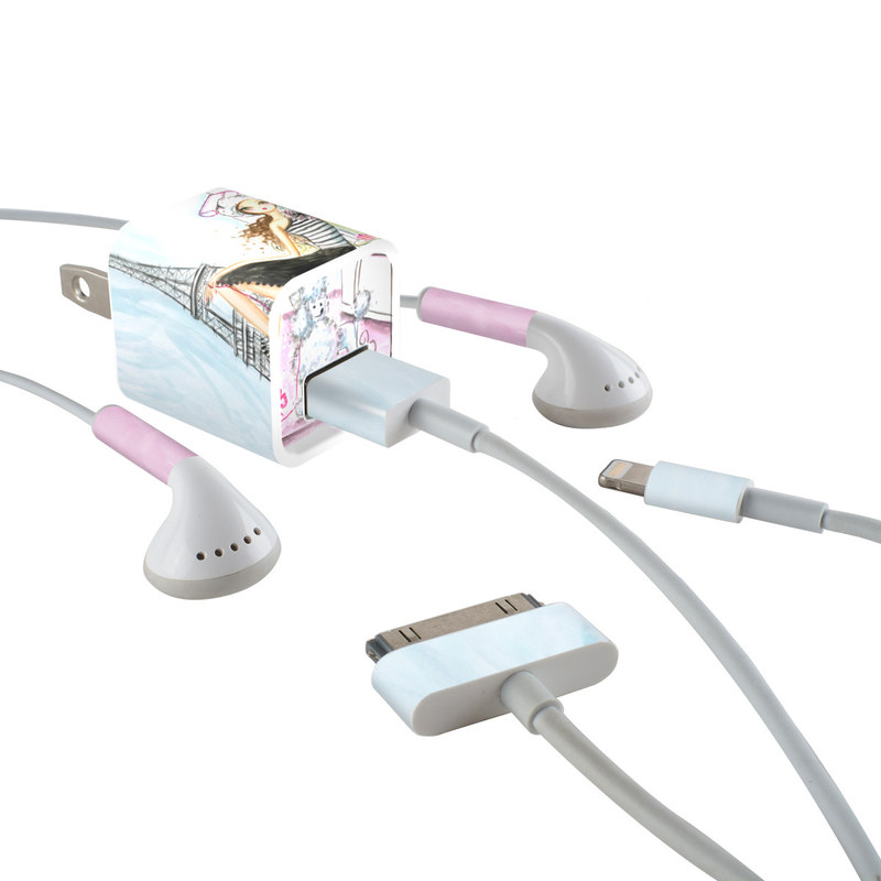 iPhone Earphone, Power Adapter, Cable Skin design of Pink, Illustration, Sitting, Konghou, Watercolor paint, Fashion illustration, Art, Drawing, Style with gray, purple, blue, black, pink colors