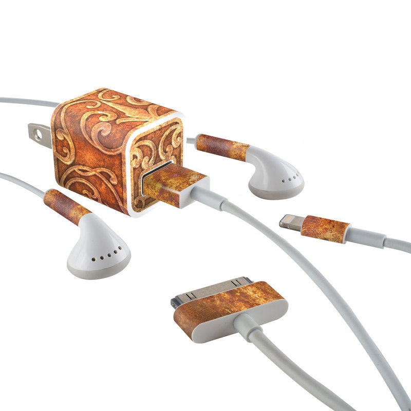 iPhone Earphone, Power Adapter, Cable Skin design with brown, red, yellow, green, orange colors