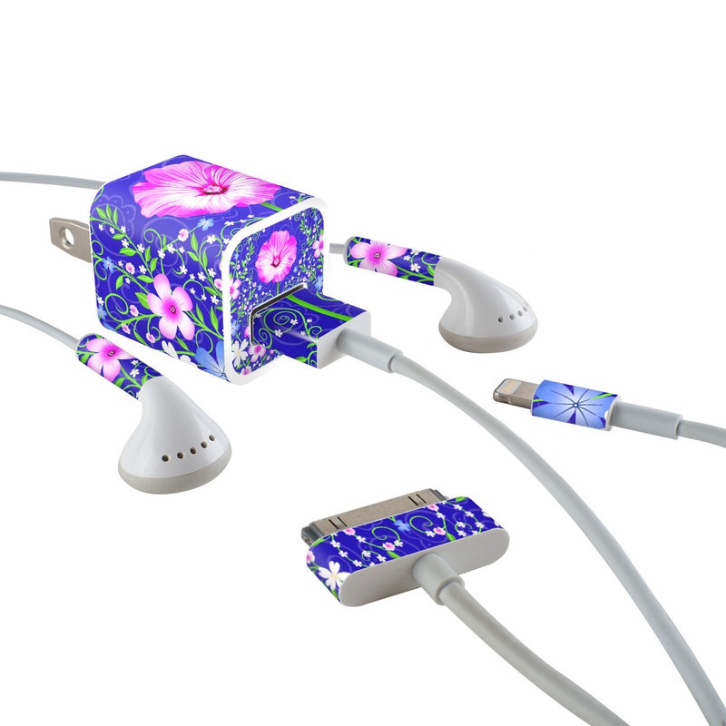iPhone Earphone, Power Adapter, Cable Skin design of Purple, Violet, Flower, Plant, Wildflower, Pattern, Petal, Design, Graphics, Morning glory, with blue, purple, pink, green, white, yellow colors