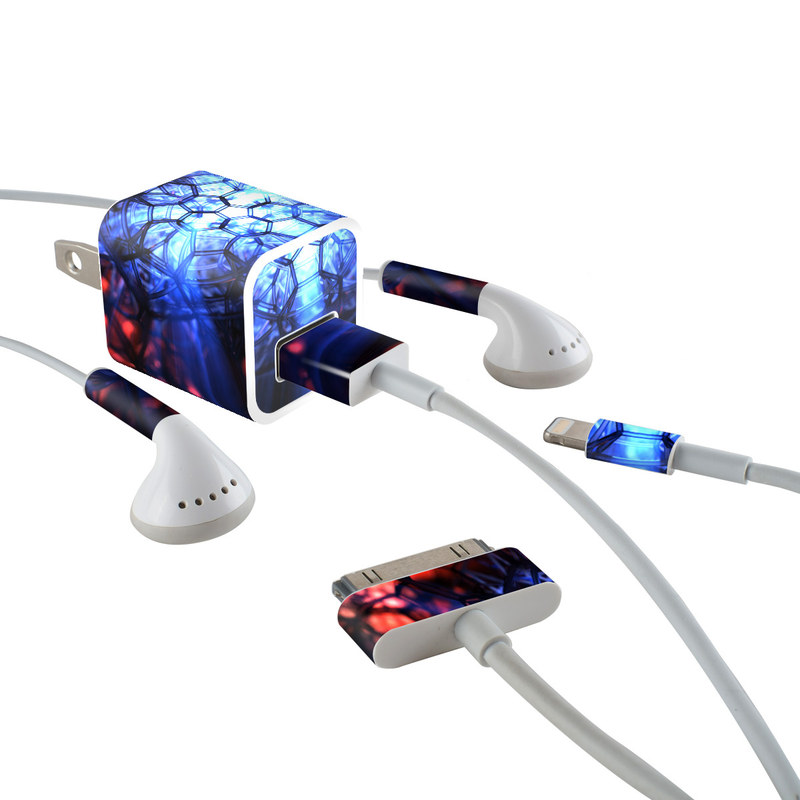 iPhone Earphone, Power Adapter, Cable Skin design of Blue, Fractal art, Red, Light, Pattern, Lighting, Art, Kaleidoscope, Design, Psychedelic art, with black, blue, red colors