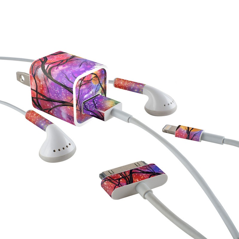 iPhone Earphone, Power Adapter, Cable Skin design of Nature, Tree, Natural landscape, Painting, Watercolor paint, Branch, Acrylic paint, Purple, Modern art, Leaf, with red, purple, black, gray, green, blue colors