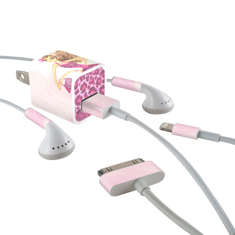iPhone Earphone, Power Adapter, Cable Skin design of Pink, Doll, Dress, Fashion illustration, Barbie, Fashion design, Illustration, Gown, Costume design, Toy, with pink, gray, red, purple, green colors