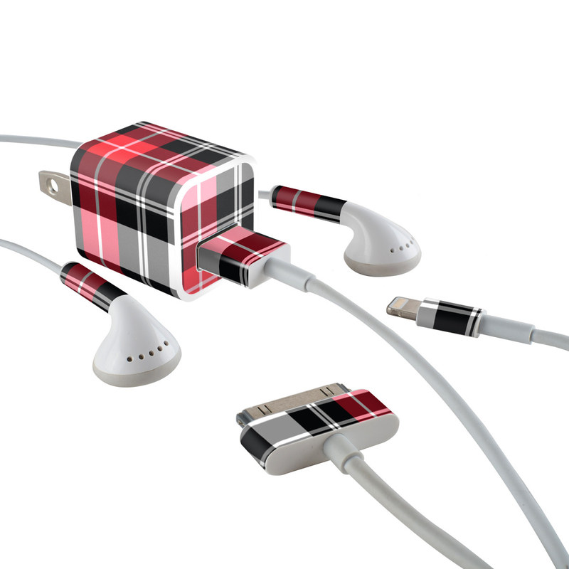 iPhone Earphone, Power Adapter, Cable Skin design of Plaid, Tartan, Pattern, Red, Textile, Design, Line, Pink, Magenta, Square, with black, gray, pink, red, white colors