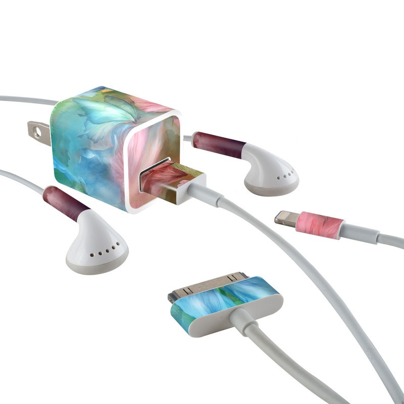 iPhone Earphone, Power Adapter, Cable Skin design of Flower, Petal, Watercolor paint, Painting, Plant, Flowering plant, Pink, Botany, Wildflower, Still life with gray, blue, black, red, green colors