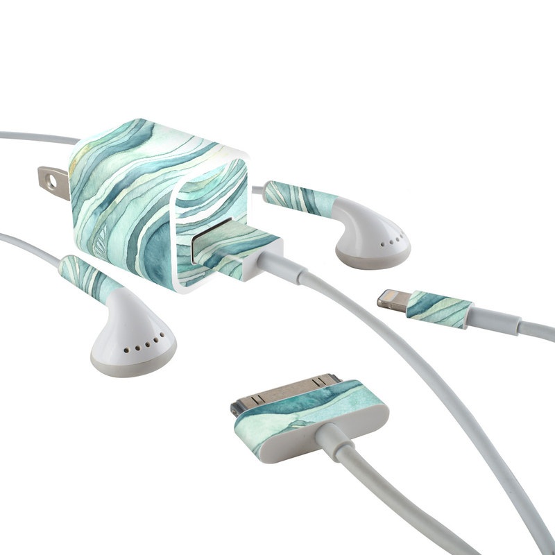 iPhone Earphone, Power Adapter, Cable Skin design of Aqua, Blue, Pattern, Turquoise, Teal, Water, Design, Line, Wave, Textile, with gray, blue colors