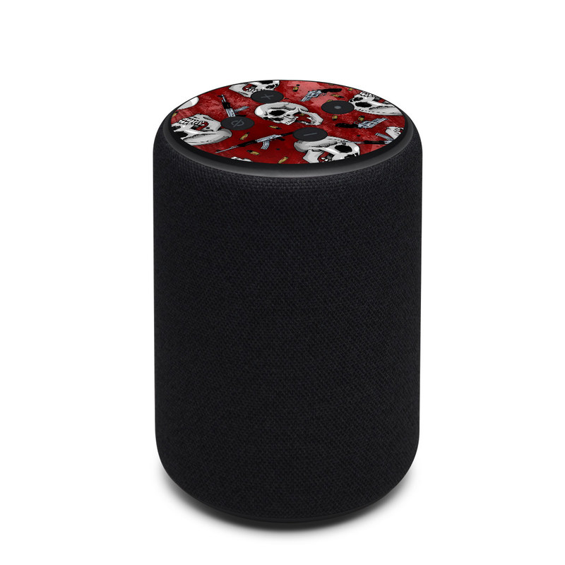 Amazon Echo 3rd Gen Skin design of Skull, Red, Bone, Personal protective equipment, Skeleton, Mask, Font, Sports gear, Headgear, Pattern with black, red, gray colors