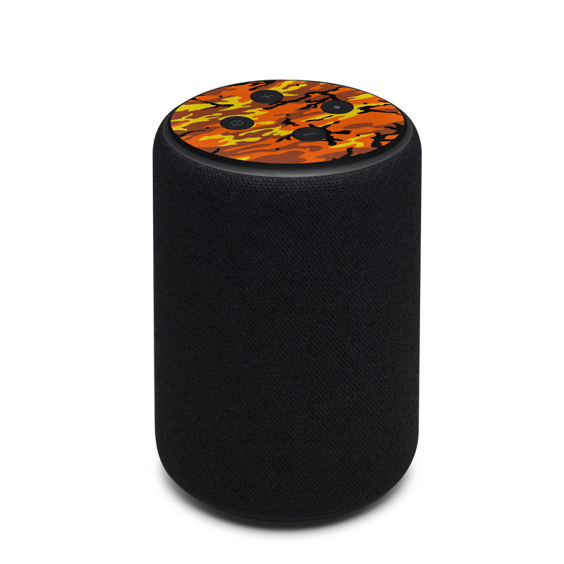 Amazon Echo 3rd Gen Skin design of Military camouflage, Orange, Pattern, Camouflage, Yellow, Brown, Uniform, Design, Tree, Wildlife, with red, green, black colors