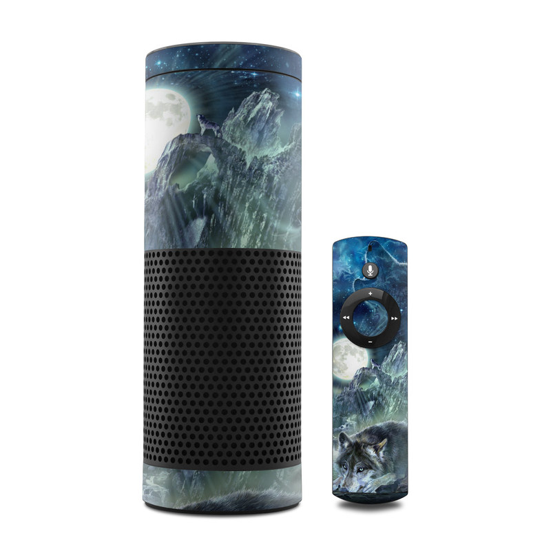 Amazon Echo 1st Gen Skin design of Cg artwork, Fictional character, Darkness, Werewolf, Illustration, Wolf, Mythical creature, Graphic design, Dragon, Mythology, with black, blue, gray, white colors