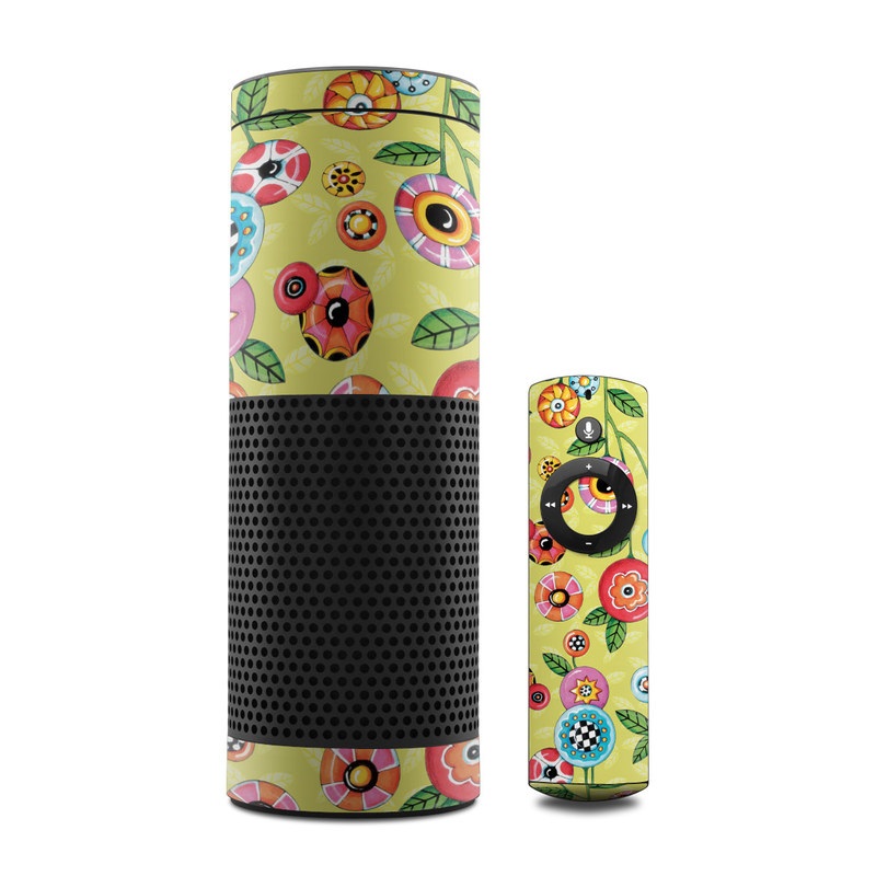 Amazon Echo 1st Gen Skin design of Wrapping paper, Pattern, Textile, Design, Visual arts, Wildflower, Art, Plant, Child art, Flower, with green, blue, red, yellow, orange, pink colors