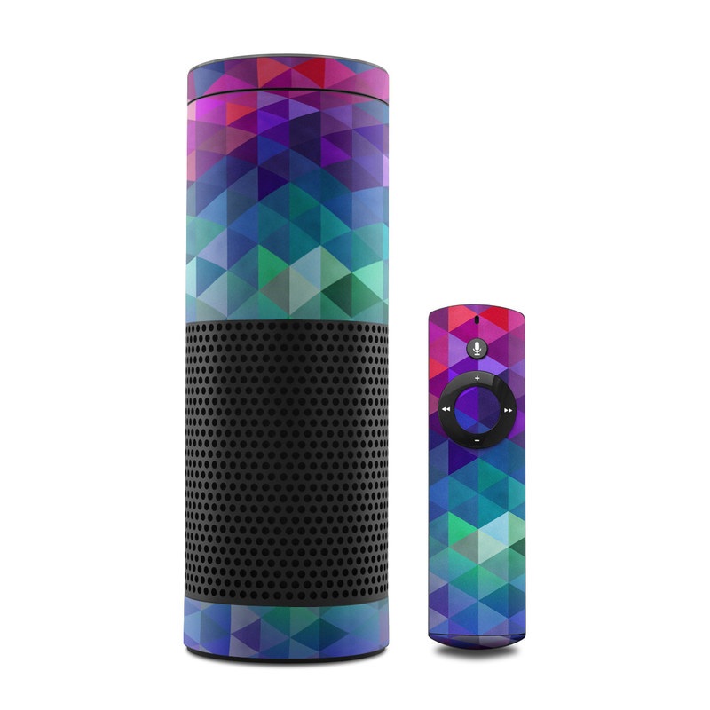 Amazon Echo 1st Gen Skin design of Purple, Violet, Pattern, Blue, Magenta, Triangle, Line, Design, Graphic design, Symmetry, with blue, purple, green, red, pink colors