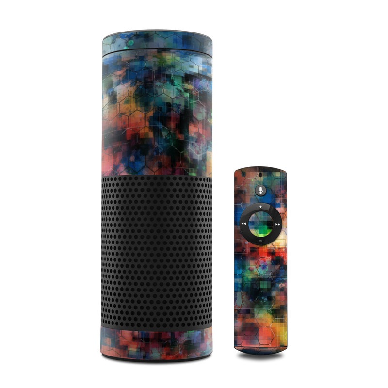Amazon Echo 1st Gen Skin design of Blue, Colorfulness, Pattern, Psychedelic art, Art, Sky, Design, Textile, Dye, Modern art, with black, blue, red, gray, green colors