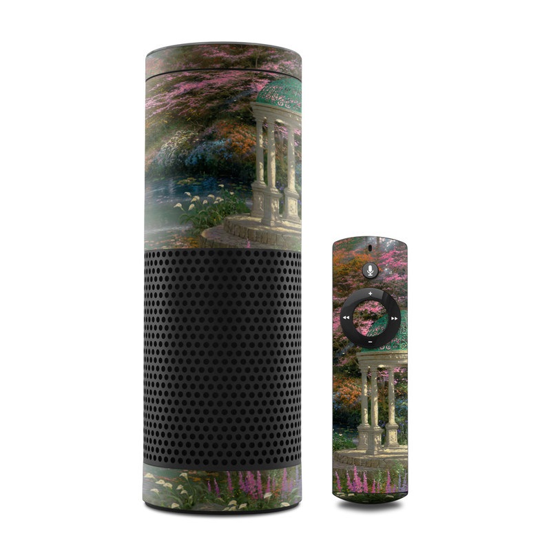 Amazon Echo 1st Gen Skin design of Nature, Natural landscape, Tree, Botany, Water, Garden, Gazebo, Spring, Plant, Reflection, with black, gray, green, red, purple colors