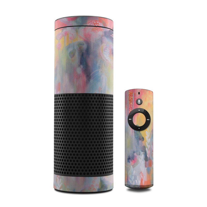 Amazon Echo 1st Gen Skin design of Painting, Watercolor paint, Modern art, Acrylic paint, Art, Visual arts, Paint, Artwork, Dye, with blue, pink, orange, yellow, red, white colors