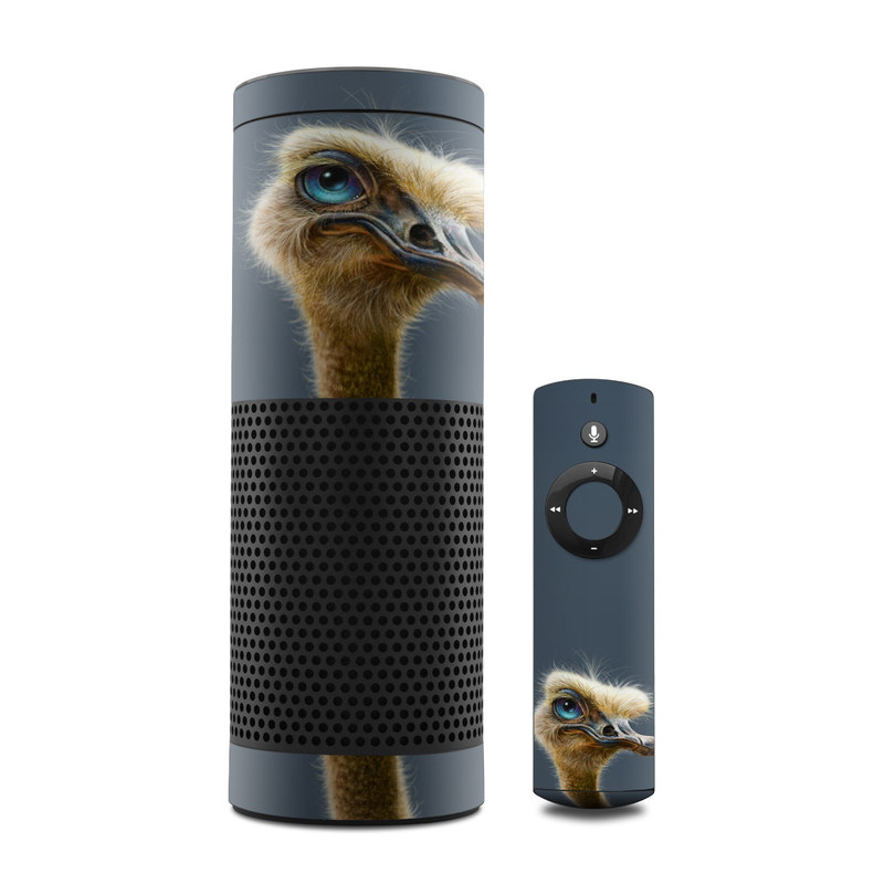 Amazon Echo 1st Gen Skin design of Ostrich, Flightless bird, Ratite, Bird, Beak, Close-up, Emu, Wildlife, Organism, Terrestrial animal, with black, gray, blue, green, red colors
