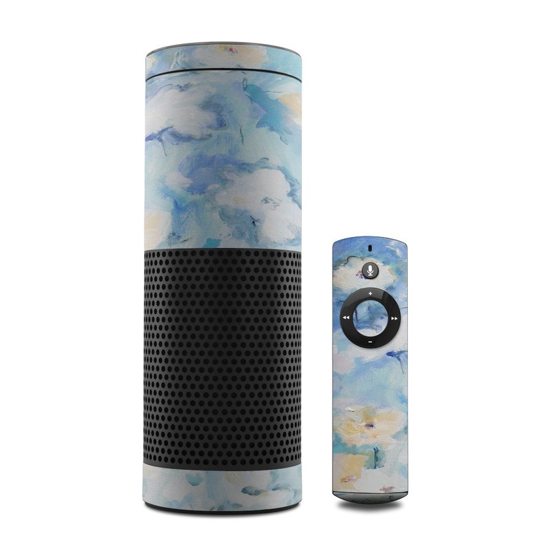 Amazon Echo 1st Gen Skin design of Blue, Watercolor paint, Painting, Flower, Plant, Art, Acrylic paint, Wildflower, Visual arts, Floral design, with gray, blue colors
