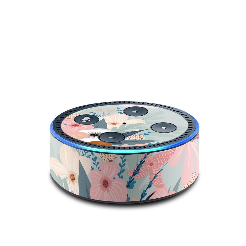 Amazon Echo Dot 2nd Gen Skin design of Pattern, Aqua, Wrapping paper, Textile, Design, Floral design, Wildflower, Plant, Pedicel, Blossom, with pink, red, blue, white colors