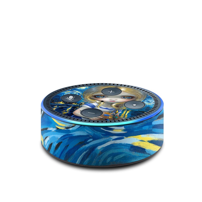 Amazon Echo Dot 2nd Gen Skin design of Blue, Illustration, Cg artwork, Doll, Art, Acrylic paint, Painting, Toy, Fictional character, Visual arts, with blue, yellow, white, brown, red colors