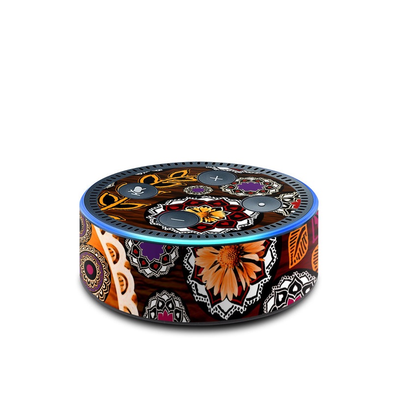 Amazon Echo Dot 2nd Gen Skin design of Pattern, Motif, Visual arts, Design, Art, Floral design, Textile, Paisley, Tapestry, Circle, with brown, purple, red, white, black colors