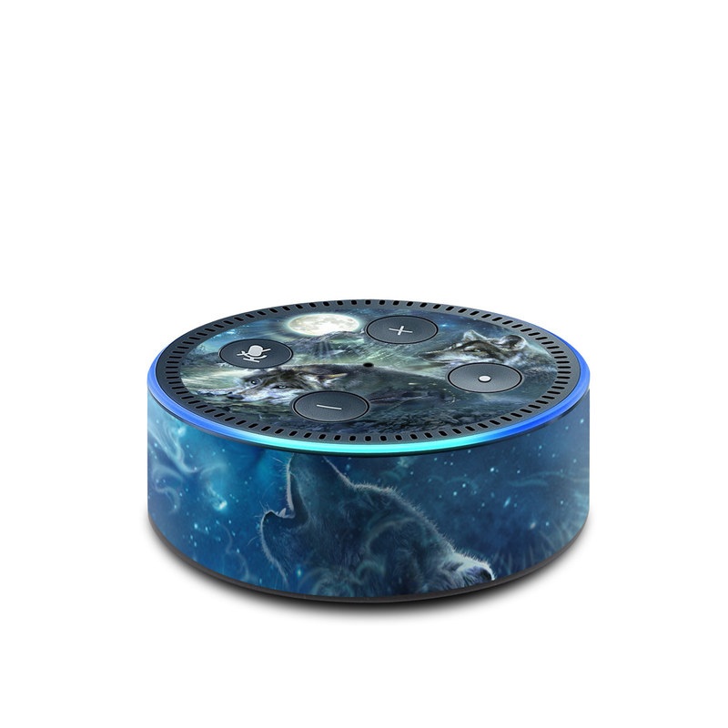Amazon Echo Dot 2nd Gen Skin design of Cg artwork, Fictional character, Darkness, Werewolf, Illustration, Wolf, Mythical creature, Graphic design, Dragon, Mythology, with black, blue, gray, white colors