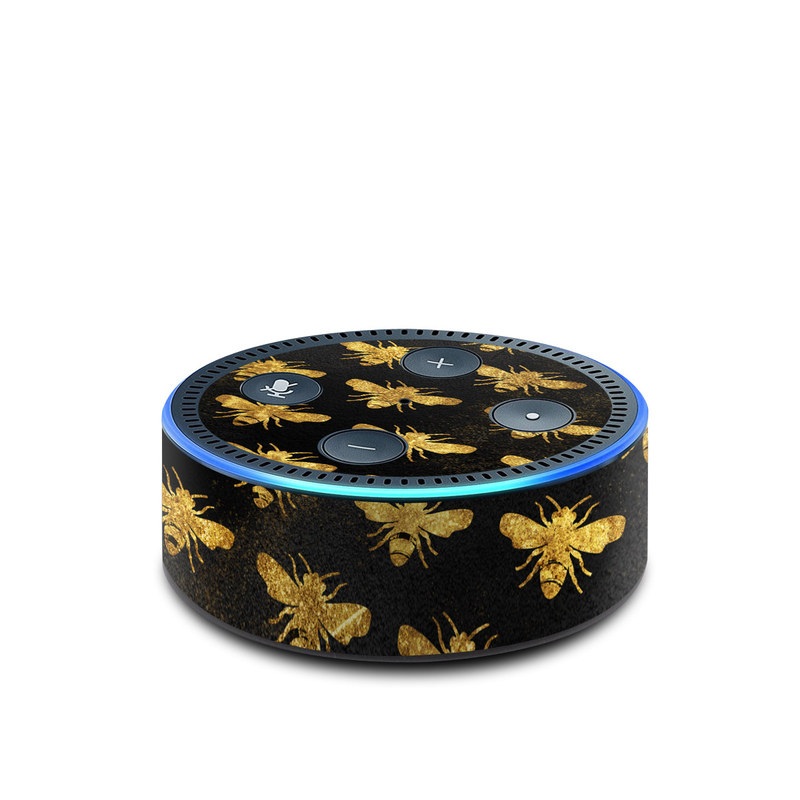Amazon Echo Dot 2nd Gen Skin design of Pattern, Yellow, Flower, Design, Plant, Wildflower, Textile, Metal, with black, yellow colors