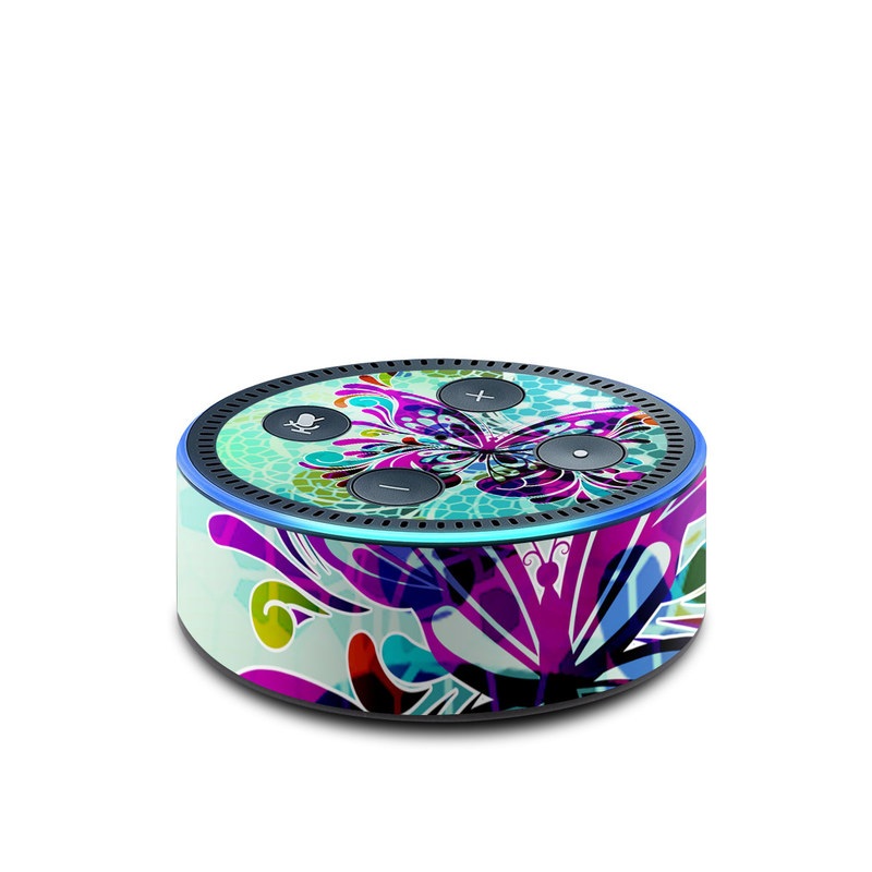 Amazon Echo Dot 2nd Gen Skin design of Butterfly, Pattern, Insect, Moths and butterflies, Purple, Graphic design, Design, Pollinator, Visual arts, Magenta, with blue, green, purple colors