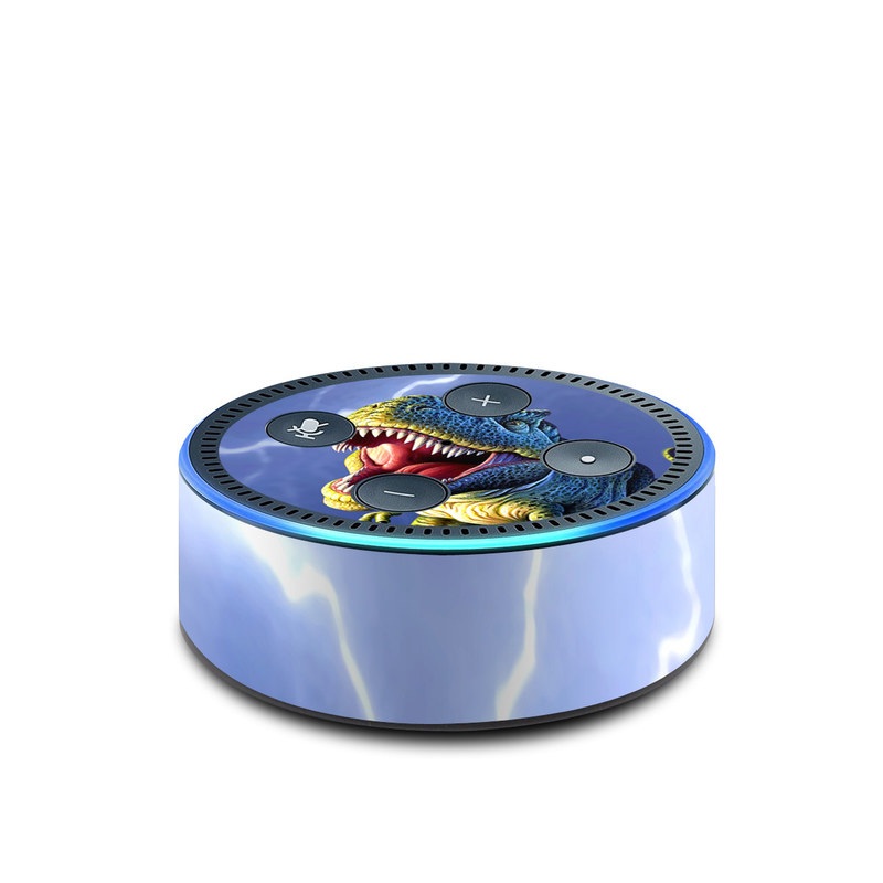 Amazon Echo Dot 2nd Gen Skin design of Dinosaur, Extinction, Tyrannosaurus, Velociraptor, Tooth, Jaw, Organism, Mouth, Fictional character, Art, with blue, green, yellow, orange, red colors