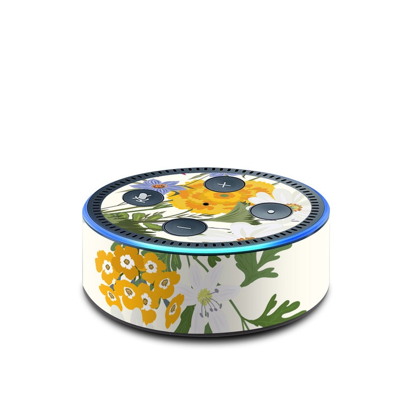 Amazon Echo Dot 2nd Gen Skin design of Flower, Wildflower, chamomile, Floral design, Plant, camomile, Botany, Clip art, Cut flowers, Daisy, with white, green, pink, orange, yellow, red colors